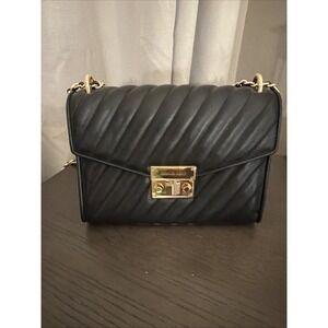 Michael Kors Sloan Black Quilted Leather Flap Shoulder Bag Gold Chain Strap